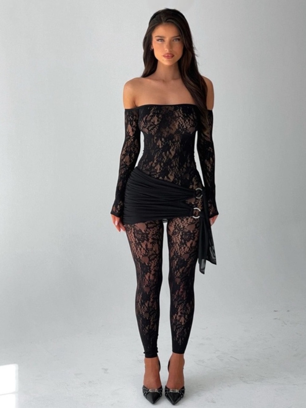 Very Sexy Off Shoulder Black Beautiful Rose Lace Jumpsuit Romper - Picture 2 of 7